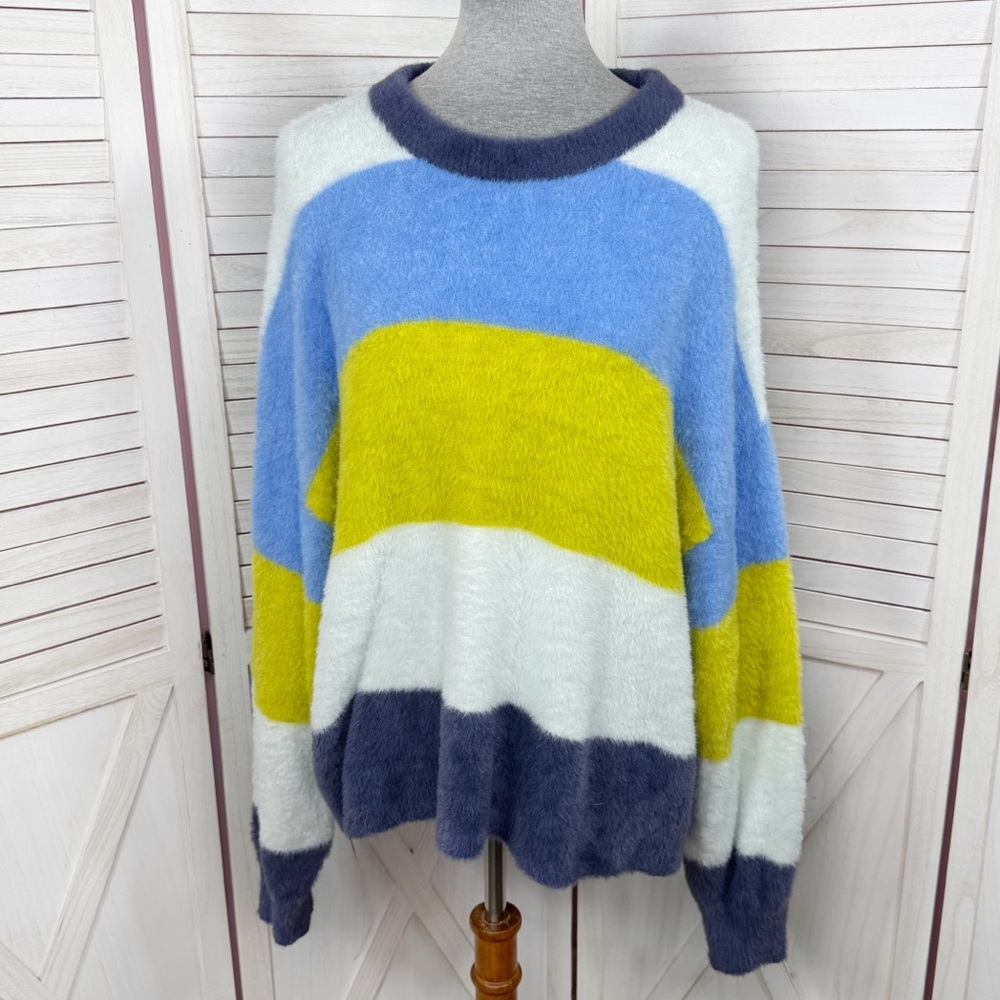 Aerie Flurry Rugby Stripes Fuzzy Oversized Crew Neck Sweater Blue Green‎ Medium - Picture 2 of 15